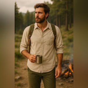 Vintage Italia c.1958 Beige Striped Button Down Shirt L Casual Travel Cotton